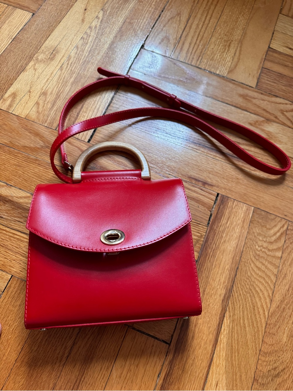 Red Mini Top-Handle Crossbody Bag with Wood Accent - Unbranded